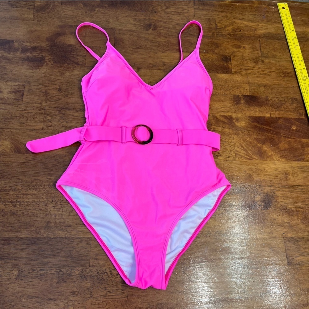 New Look hot pink one piece swimsuit with belt tie size EU 40 UK 12 US 10